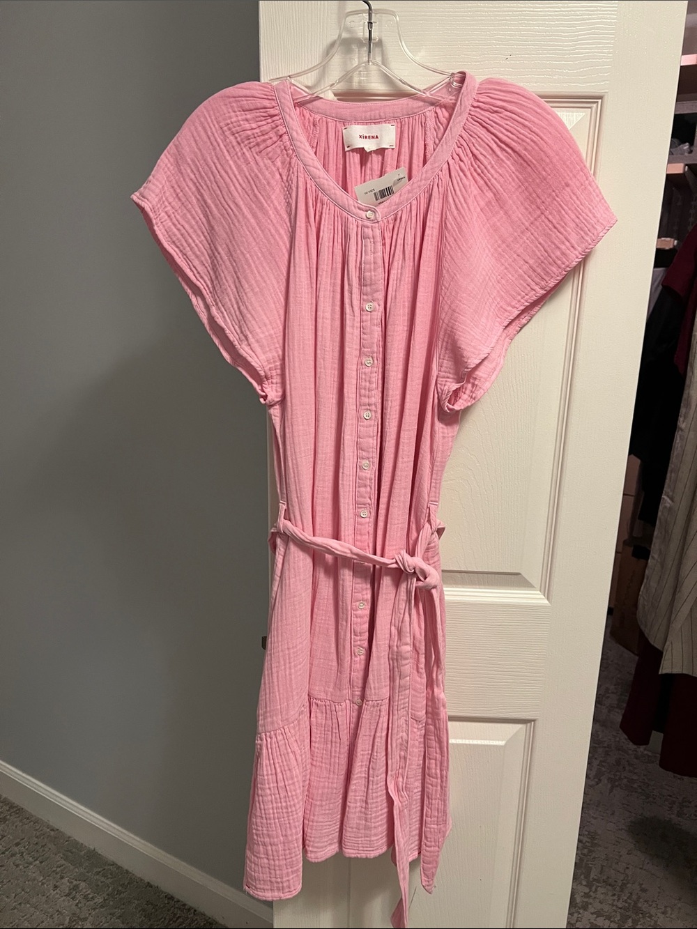 XiRENA Light Pink Button-Front Gauze Sun Dress with Tie Waist